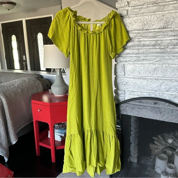 Stitchdrop Cap Sleeve Layered Ruffle Tiered Lime Green Maxi Dress in Size Small - Picture 2 of 10